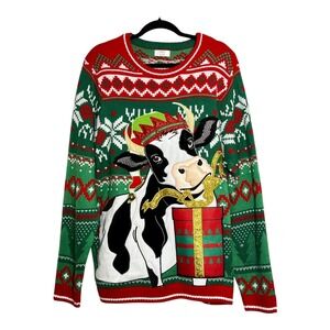 Holiday Time Mens Christmas Cow Sweater Green Red XL 46-48 Ugly Holiday Knit